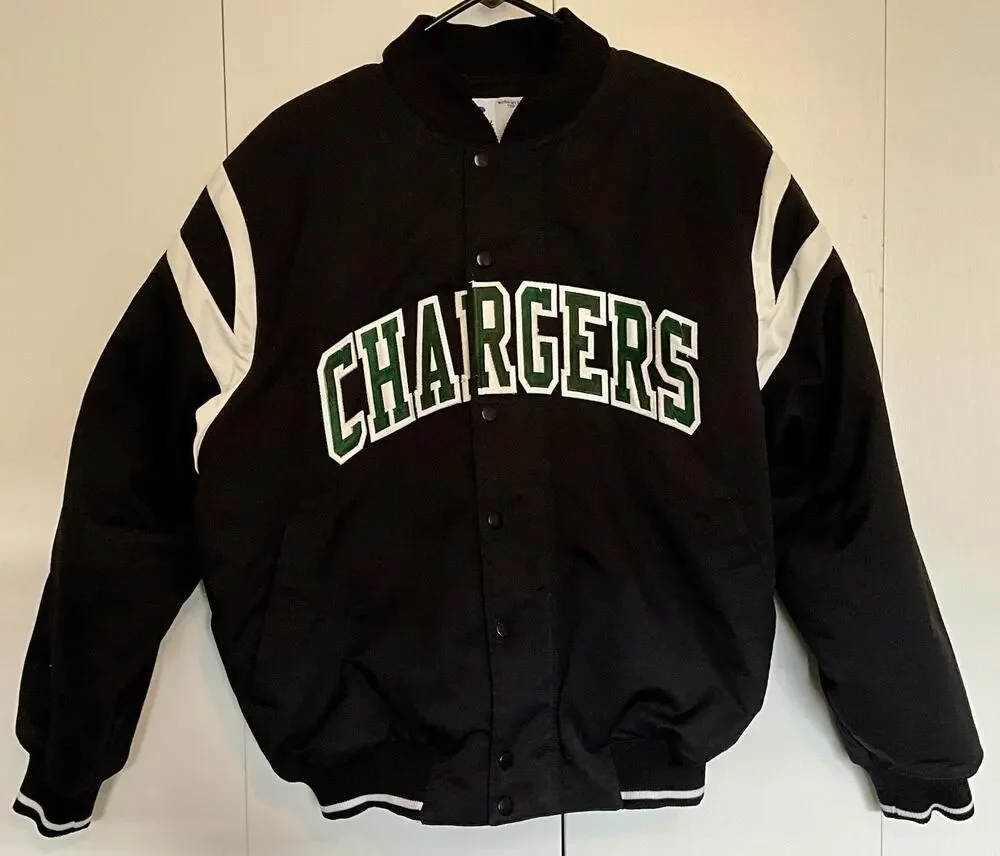 Vintage Russell Athletic Chargers Nylon Dugout Black Bomber Jacket Size Large